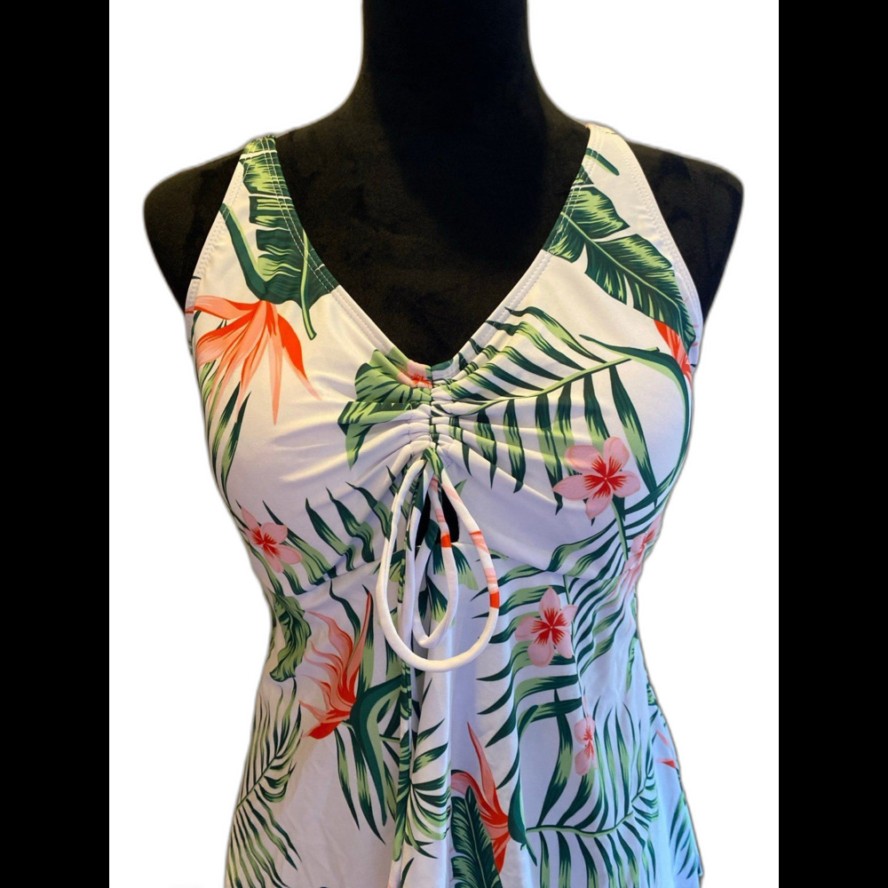 Finwanlo Modest Swimsuit Top Size Large Tropical Design Pink Green‎ Adj. Straps